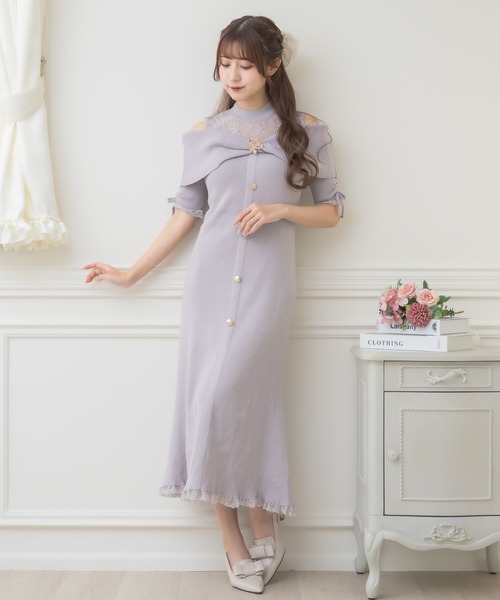 肩開きツイストリボンニットワンピース（ワンピース）｜couture