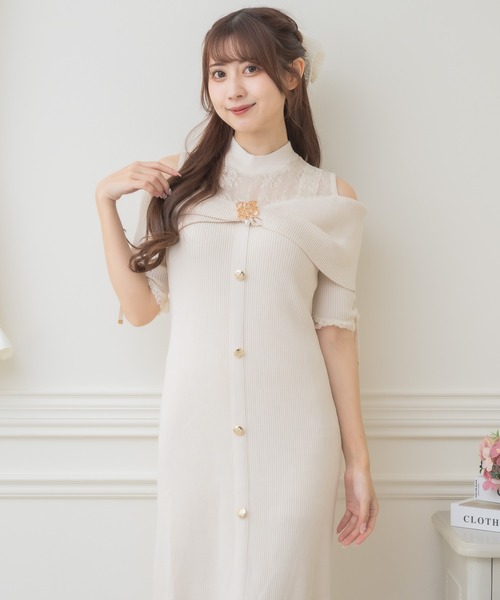 肩開きツイストリボンニットワンピース（ワンピース）｜couture
