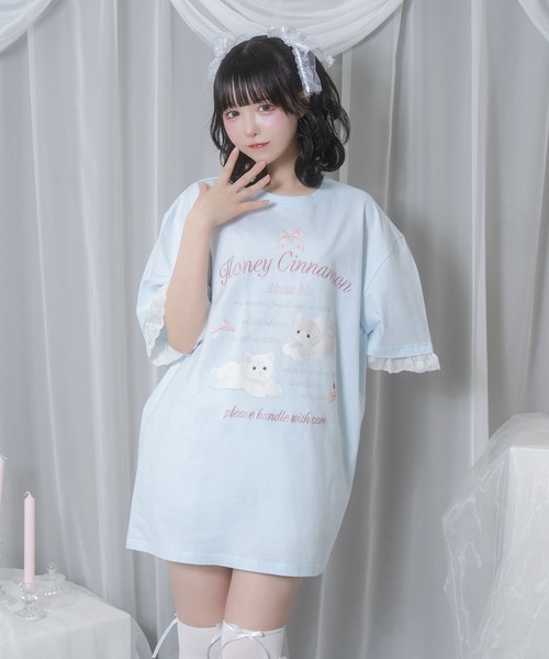 Honey Cinnamon(ハニーシナモン)の「cake cat フリルTシャツ(Tシャツ/カットソー・レディース・サックスブルー/ピンク・FREE)」の3枚目の写真