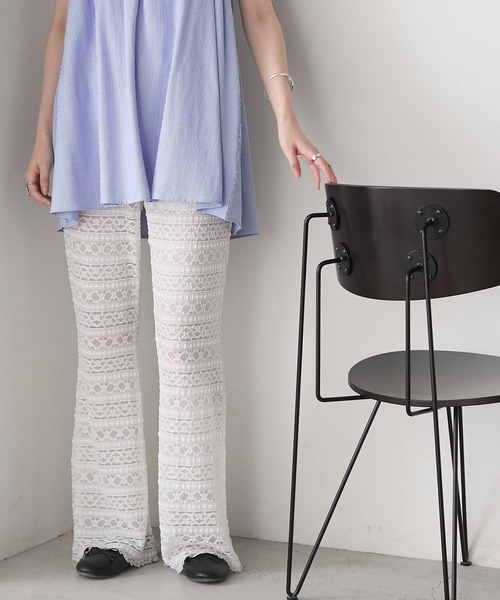 forksy.】シアー ストレッチレース ジャガード フレアパンツ forksy