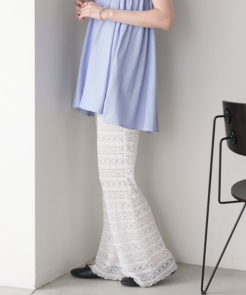 forksy.】シアー ストレッチレース ジャガード フレアパンツ forksy