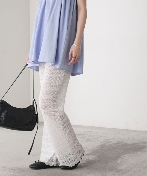 forksy.】シアー ストレッチレース ジャガード フレアパンツ forksy
