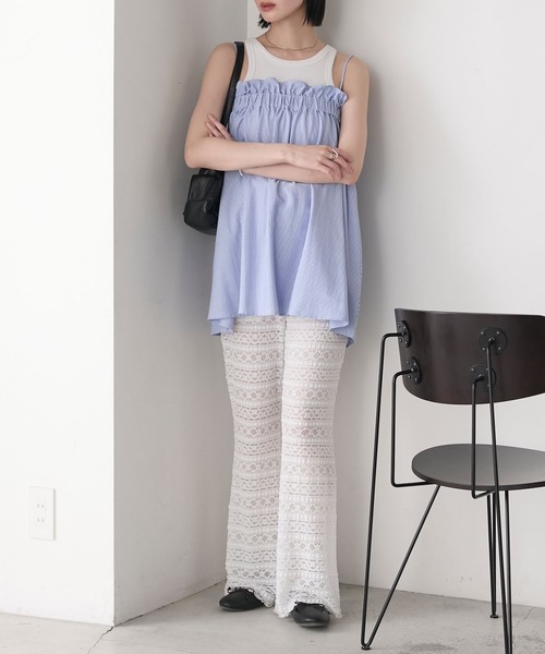 forksy.】シアー ストレッチレース ジャガード フレアパンツ