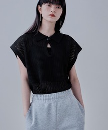 ポロ襟メッシュニットプルオーバー