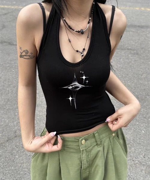 VIBGYOR（ヴィブジョー）の「【LAMPOON】アイプリントホルタータンクトップ（タンクトップ・レディース・ベージュ/ブラック・LARGE/MEDIUM）」の4枚目の写真