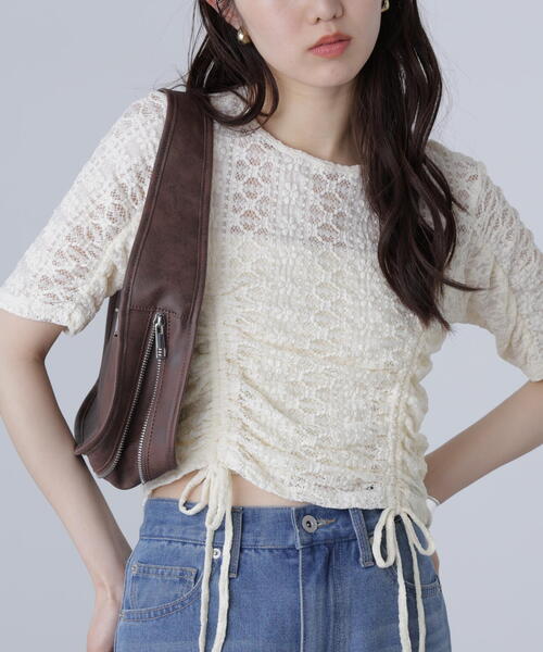 FREE'S MART(フリーズマート)の「ストレッチレースドロストトップス(Tシャツ/カットソー・レディース・ブラック/ピンク/ホワイト・FREE)」の1枚目の写真