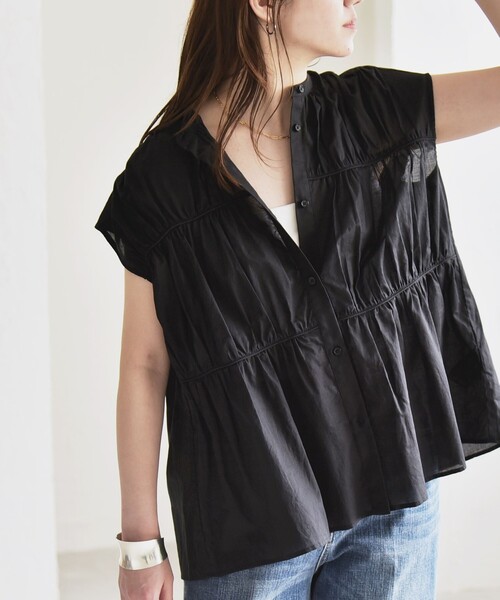 SHIPS for women / シップスウィメン quaranciel:〈手洗い可能〉コットンボイル シアー ギャザー バンドカラー シャツ ブラウス セール】quaranciel:〈手洗い可能〉コットンボイル シアー