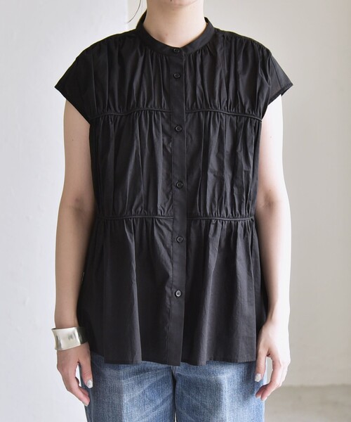 SHIPS for women / シップスウィメン quaranciel:〈手洗い可能〉コットンボイル シアー ギャザー バンドカラー シャツ ブラウス セール】quaranciel:〈手洗い可能〉コットンボイル シアー