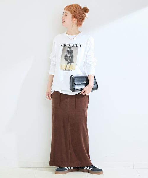 B.C STOCK（ベーセーストック）の「手洗い可 / ポリエステルスエードIラインスカート（スカート・レディース・ブラウン・FREE）」の2枚目の写真