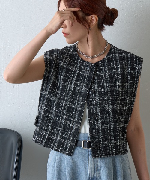 COLONY 2139(コロニートゥーワンスリーナイン)の「ツイードクロップドジレ(ベスト・レディース・ホワイト/ブラック・FREE)」の1枚目の写真