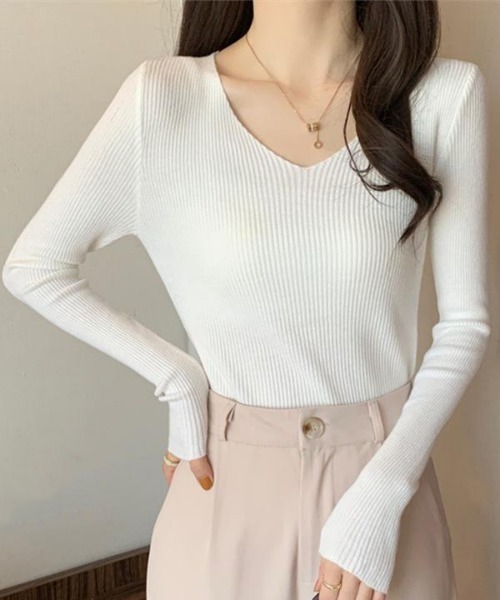 セール】Vネック 長袖ニットソー リブニットトップス Vネック サマー