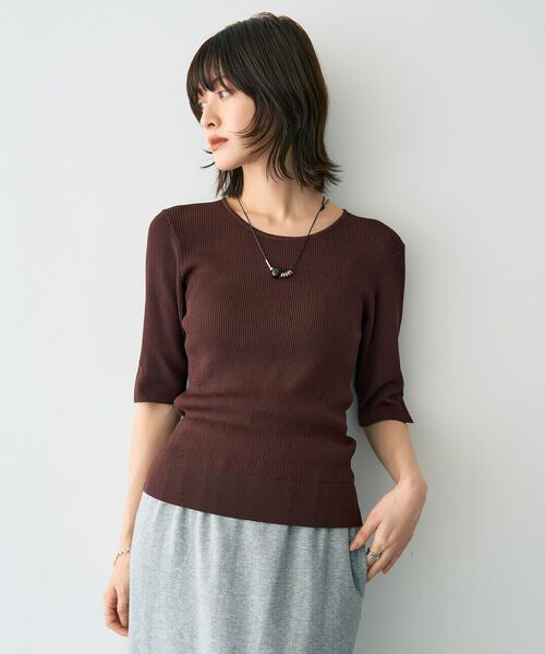 YECCA VECCA（イェッカヴェッカ）の「5分袖リブニット（ニット/セーター・レディース・ブラック/ベージュ/ブラウン・FREE）」の9枚目の写真