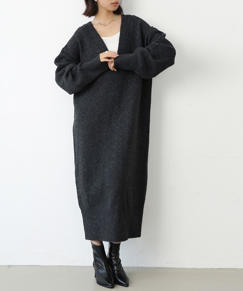 セール】天竺編みVネックニットロングワンピース（ワンピース）｜ONEP