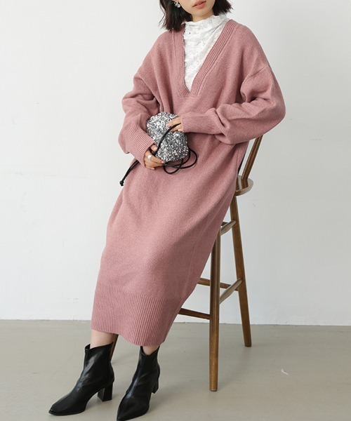 セール】天竺編みVネックニットロングワンピース（ワンピース）｜ONEP