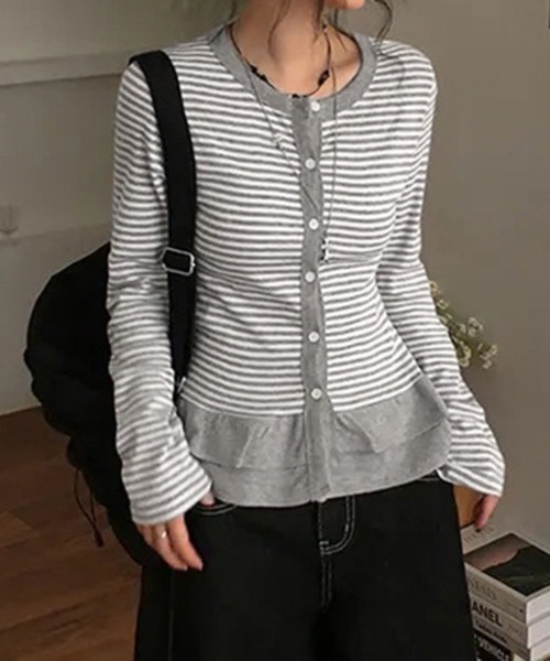 almo(アルモ)の「【LAMPOON】フリルウエストボーダーカーディガン(カーディガン/ボレロ・レディース・ライトグレー/ダークグレー/ホワイト・LARGE/MEDIUM/SMALL)」の2枚目の写真