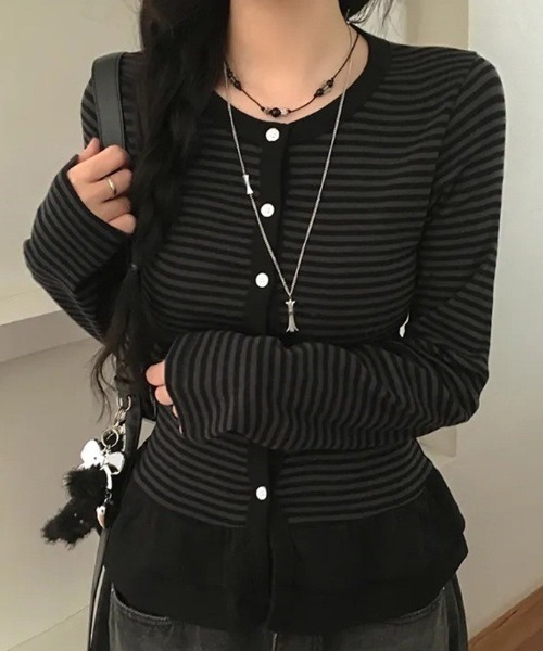 almo(アルモ)の「【LAMPOON】フリルウエストボーダーカーディガン(カーディガン/ボレロ・レディース・ライトグレー/ダークグレー/ホワイト・LARGE/MEDIUM/SMALL)」の3枚目の写真