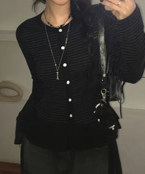 almo(アルモ)の「【LAMPOON】フリルウエストボーダーカーディガン(カーディガン/ボレロ・レディース・ライトグレー/ダークグレー/ホワイト・LARGE/MEDIUM/SMALL)」の6枚目の写真