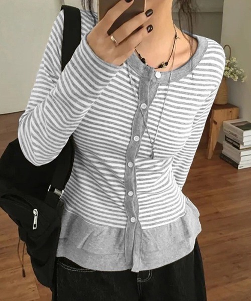 almo(アルモ)の「【LAMPOON】フリルウエストボーダーカーディガン(カーディガン/ボレロ・レディース・ライトグレー/ダークグレー/ホワイト・LARGE/MEDIUM/SMALL)」の7枚目の写真