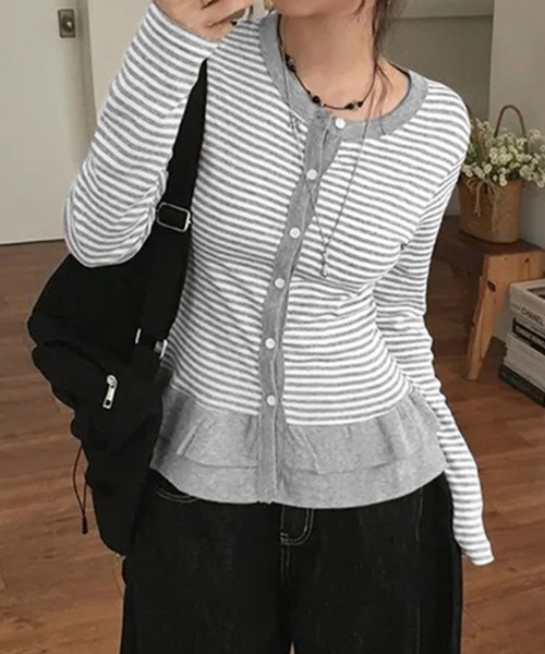 almo(アルモ)の「【LAMPOON】フリルウエストボーダーカーディガン(カーディガン/ボレロ・レディース・ライトグレー/ダークグレー/ホワイト・LARGE/MEDIUM/SMALL)」の9枚目の写真