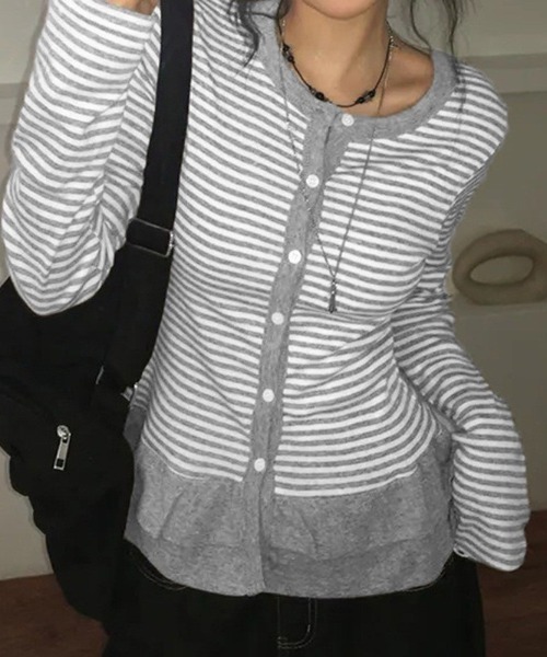 almo(アルモ)の「【LAMPOON】フリルウエストボーダーカーディガン(カーディガン/ボレロ・レディース・ライトグレー/ダークグレー/ホワイト・LARGE/MEDIUM/SMALL)」の10枚目の写真