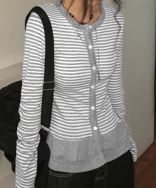 almo(アルモ)の「【LAMPOON】フリルウエストボーダーカーディガン(カーディガン/ボレロ・レディース・ライトグレー/ダークグレー/ホワイト・LARGE/MEDIUM/SMALL)」の11枚目の写真