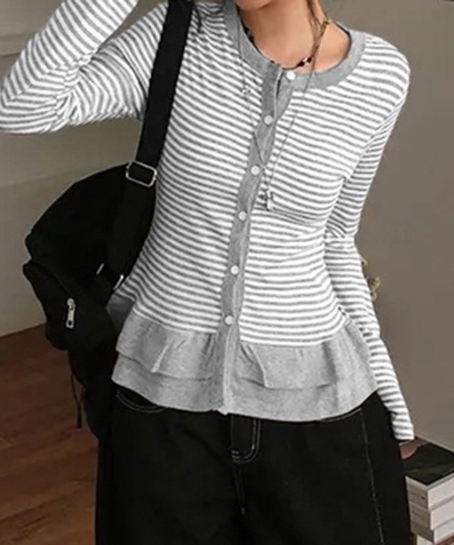 almo(アルモ)の「【LAMPOON】フリルウエストボーダーカーディガン(カーディガン/ボレロ・レディース・ライトグレー/ダークグレー/ホワイト・LARGE/MEDIUM/SMALL)」の12枚目の写真