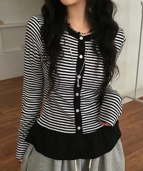 almo(アルモ)の「【LAMPOON】フリルウエストボーダーカーディガン(カーディガン/ボレロ・レディース・ライトグレー/ダークグレー/ホワイト・LARGE/MEDIUM/SMALL)」の18枚目の写真