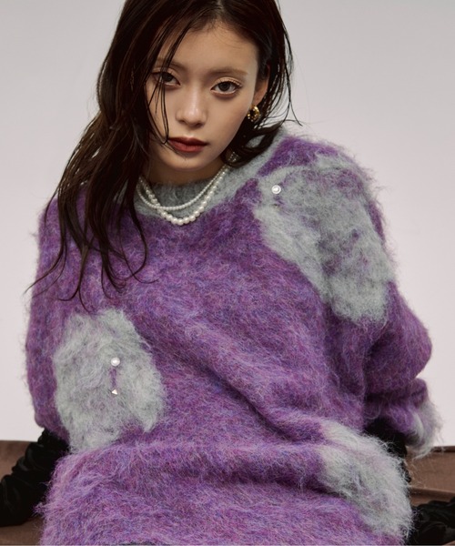 セール】rose mix shaggy knit スタッズツキフラワーシャギーニット