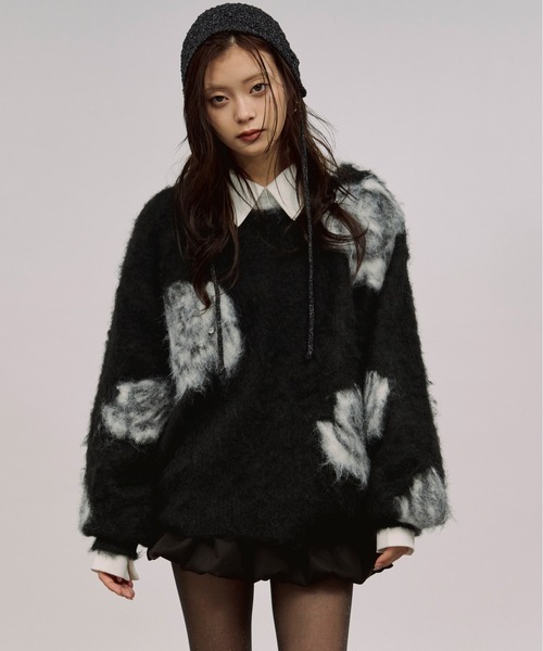 セール】rose mix shaggy knit スタッズツキフラワーシャギーニット