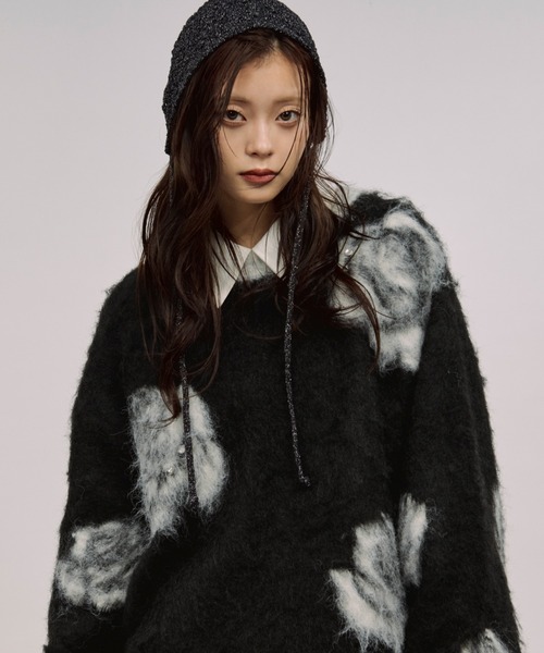 セール】rose mix shaggy knit スタッズツキフラワーシャギーニット