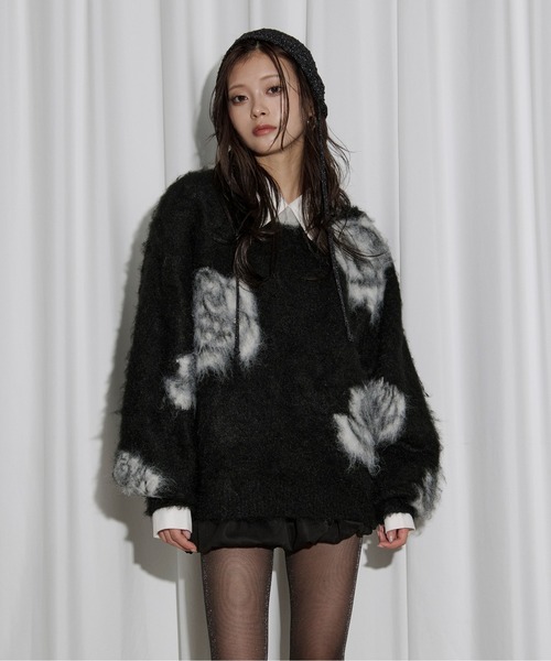 セール】rose mix shaggy knit スタッズツキフラワーシャギーニット