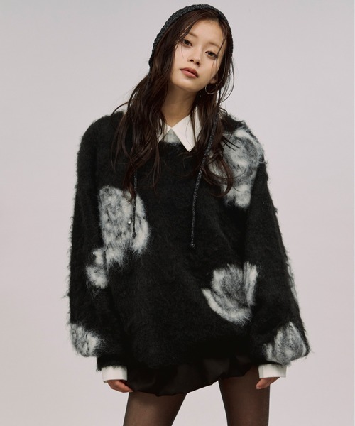 セール】rose mix shaggy knit スタッズツキフラワーシャギーニット