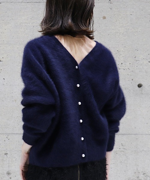 jines ♡ フォックスカシミヤ 前後2way・パール釦付きニットカーディガン セール】フォックスカシミヤ 前後2way・パール釦付きニット