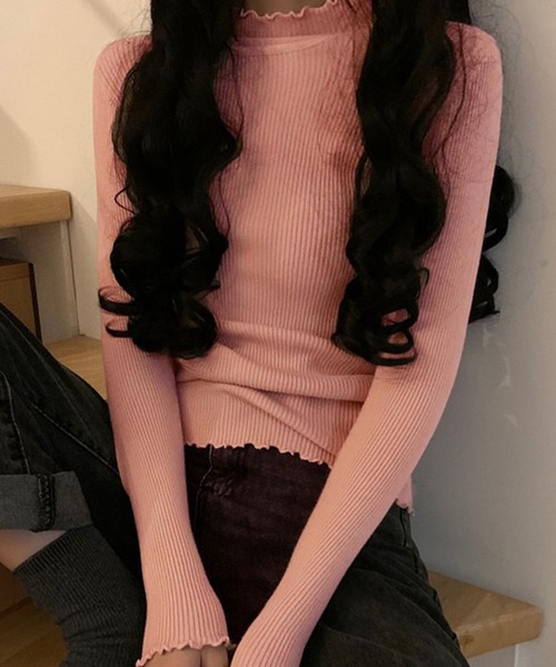 ルネ / フリル襟 リブニット 長袖 ピンク 34 パールボタン 通勤