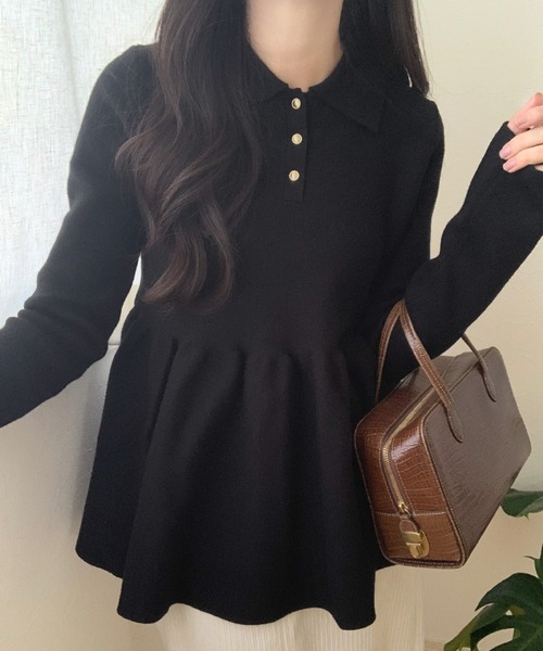 LAUIR（ラウアー）の「ポロ襟ペプラムニットトップス（ニット/セーター・レディース・ブラック/チャコール/アイボリー・MEDIUM/LARGE）」の2枚目の写真