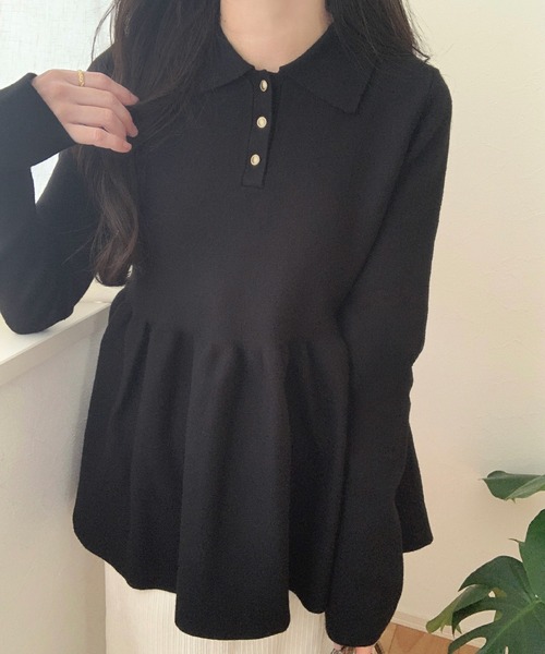 LAUIR（ラウアー）の「ポロ襟ペプラムニットトップス（ニット/セーター・レディース・ブラック/チャコール/アイボリー・MEDIUM/LARGE）」の5枚目の写真