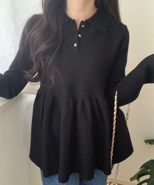 LAUIR（ラウアー）の「ポロ襟ペプラムニットトップス（ニット/セーター・レディース・ブラック/チャコール/アイボリー・MEDIUM/LARGE）」の6枚目の写真