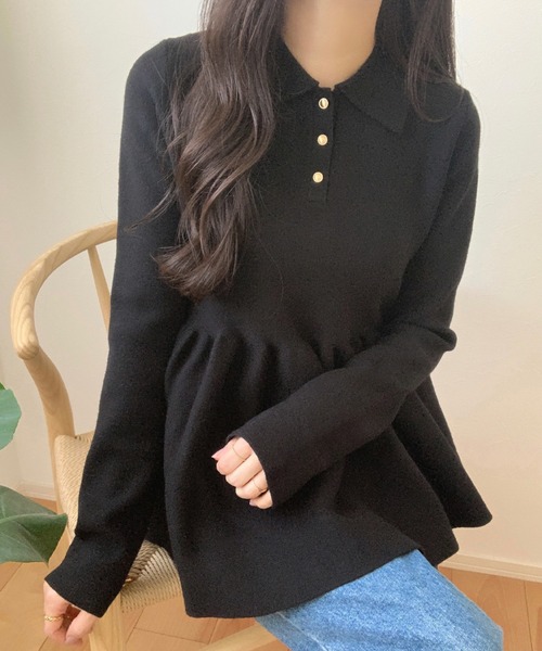 LAUIR（ラウアー）の「ポロ襟ペプラムニットトップス（ニット/セーター・レディース・ブラック/チャコール/アイボリー・MEDIUM/LARGE）」の7枚目の写真