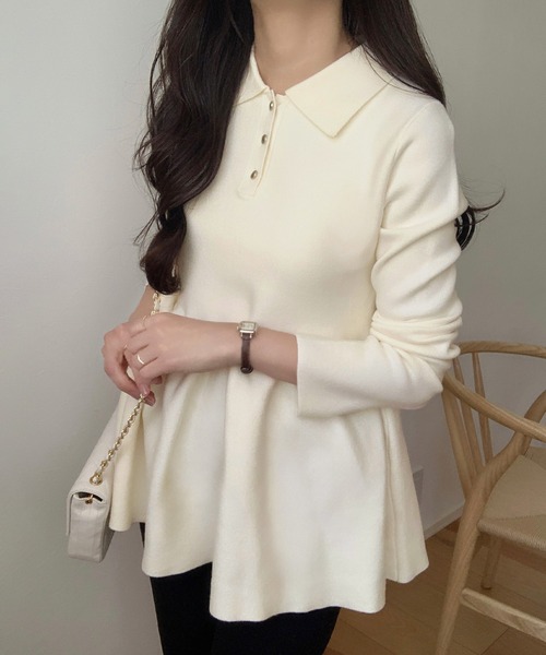 LAUIR（ラウアー）の「ポロ襟ペプラムニットトップス（ニット/セーター・レディース・ブラック/チャコール/アイボリー・MEDIUM/LARGE）」の8枚目の写真