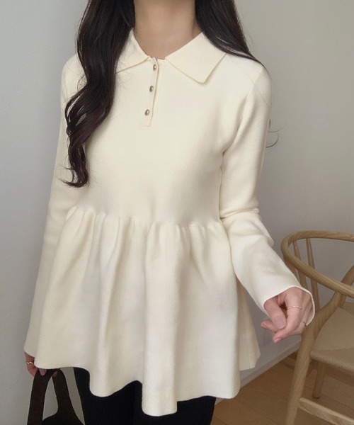 LAUIR（ラウアー）の「ポロ襟ペプラムニットトップス（ニット/セーター・レディース・ブラック/チャコール/アイボリー・MEDIUM/LARGE）」の9枚目の写真