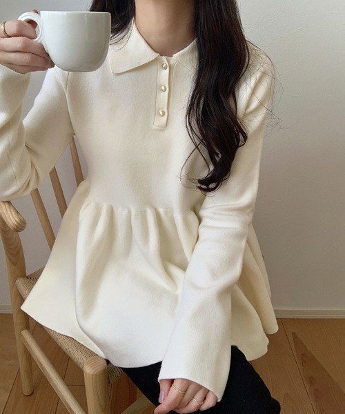 LAUIR（ラウアー）の「ポロ襟ペプラムニットトップス（ニット/セーター・レディース・ブラック/チャコール/アイボリー・MEDIUM/LARGE）」の10枚目の写真