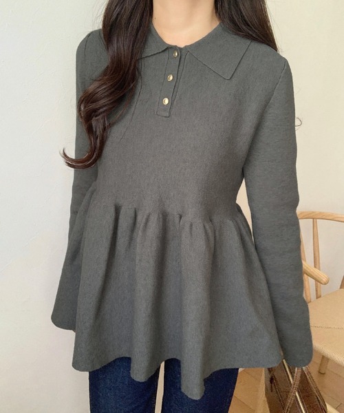 LAUIR（ラウアー）の「ポロ襟ペプラムニットトップス（ニット/セーター・レディース・ブラック/チャコール/アイボリー・MEDIUM/LARGE）」の12枚目の写真