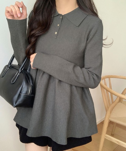 LAUIR（ラウアー）の「ポロ襟ペプラムニットトップス（ニット/セーター・レディース・ブラック/チャコール/アイボリー・MEDIUM/LARGE）」の15枚目の写真