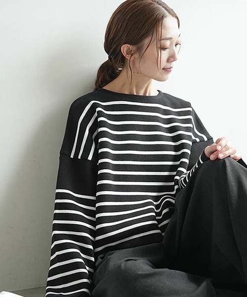 SOLAMONAT(ソラモナ)の「ウエハースニットボーダーワイドスリーブ(Tシャツ/カットソー・レディース・ブラック×ホワイト/グレー×ホワイト/ホワイト×ブラック・FREE)」の2枚目の写真