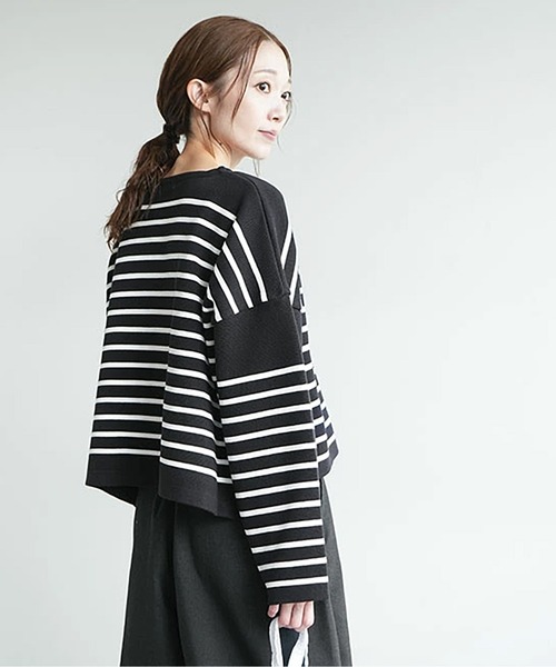 SOLAMONAT(ソラモナ)の「ウエハースニットボーダーワイドスリーブ(Tシャツ/カットソー・レディース・ブラック×ホワイト/グレー×ホワイト/ホワイト×ブラック・FREE)」の13枚目の写真