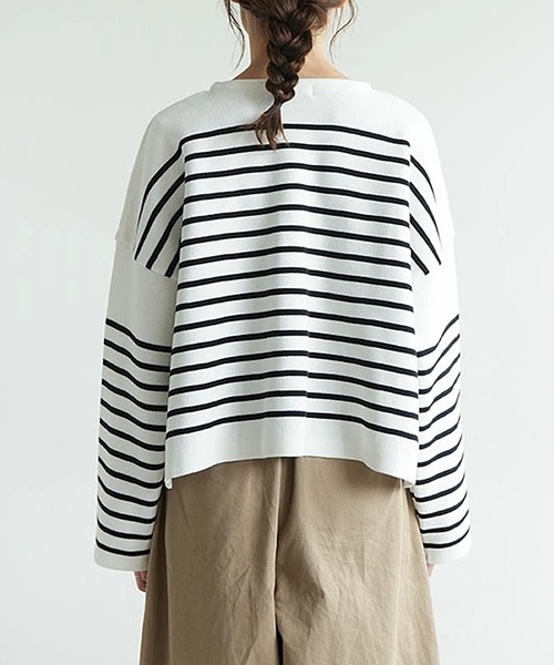 SOLAMONAT(ソラモナ)の「ウエハースニットボーダーワイドスリーブ(Tシャツ/カットソー・レディース・ブラック×ホワイト/グレー×ホワイト/ホワイト×ブラック・FREE)」の4枚目の写真