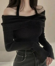 【Mellfy】ホルターネックオフショルダーリブニットトップス
