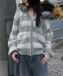 フェイクファーフード付きユニオンニットパーカー