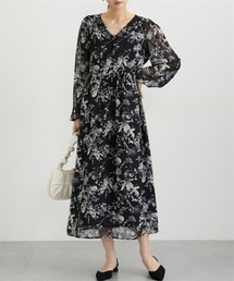 nissen | 花柄シフォンウエスト切替ワンピース（ウォッシャブル素材）(ワンピース)