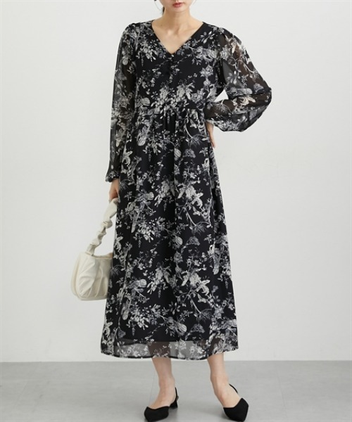 nissen(ニッセン)の「花柄シフォンウエスト切替ワンピース(ウォッシャブル素材)(ワンピース・レディース・モカ/ブラック・M/L/LL/PS/PM/PSS/T3L/TLL/TL/TM)」の1枚目の写真